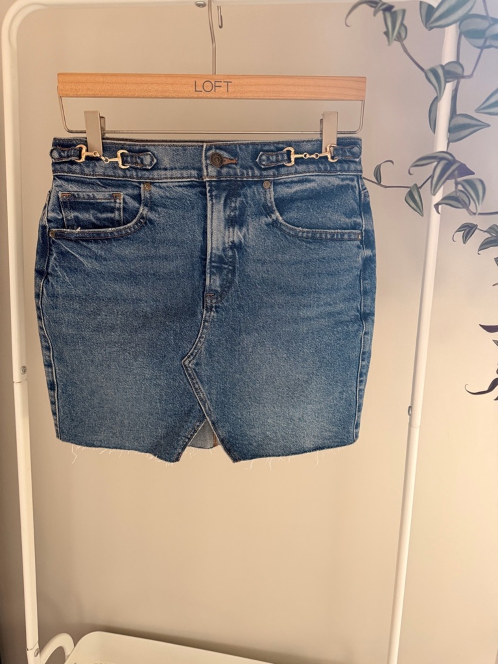 Express Blue Denim Mini Skirt with Front Notch and Gold Horse-bit Hardware